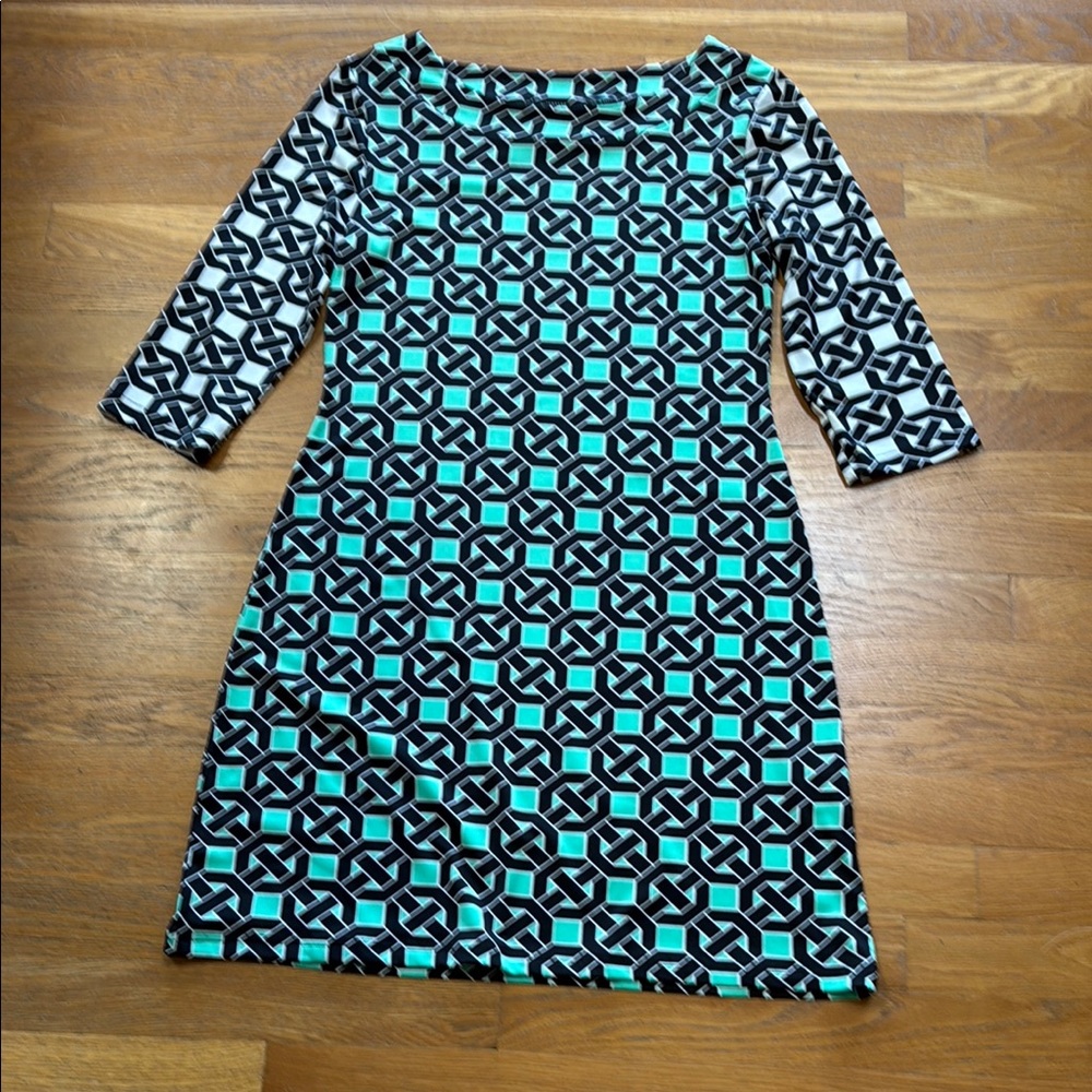 Geometric Patterned Dress in Black and Teal Fitted